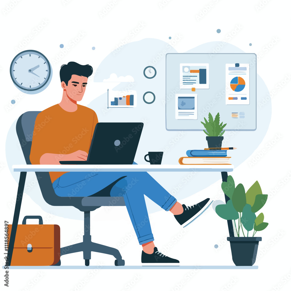 Fototapeta premium a boy is using his laptop vector