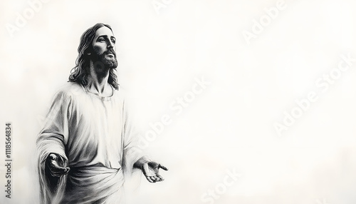 Sketch of Jesus Christ on white background with copy space