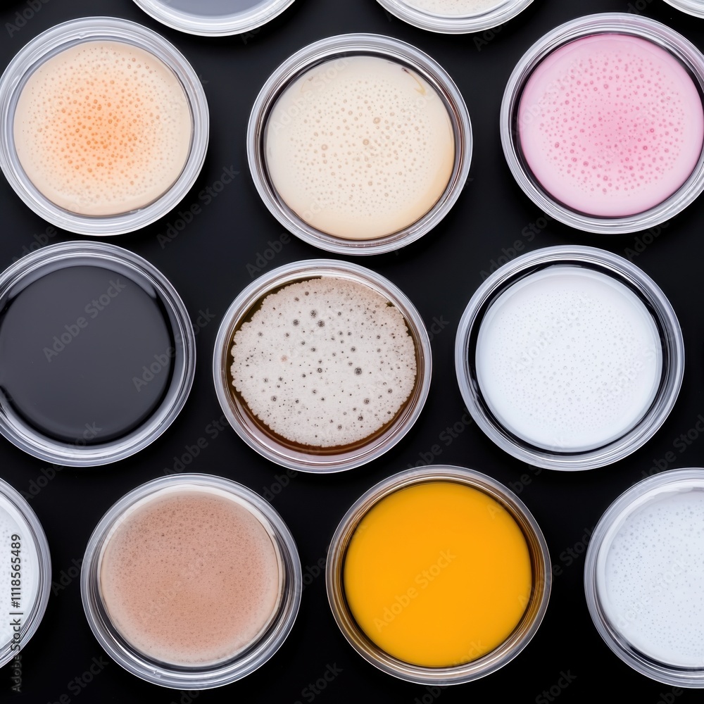 A vibrant array of colorful liquids in small containers, showcasing various textures and shades against a dark background. A vibrant array of colorful liquids in small containers, showcasing various textures and shades against a dark background.