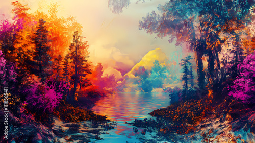 Surreal digital landscape depicting ai's influence in a dreamlike world, with vibrant colors and abstract shapes creating a sense of euphoria and exploration. Euphoria. Illustration