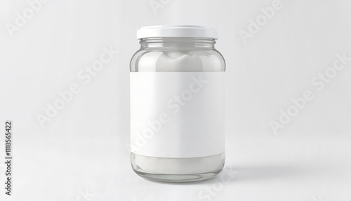 Blank glass jar label mockup on simple white background with copy space for design photo