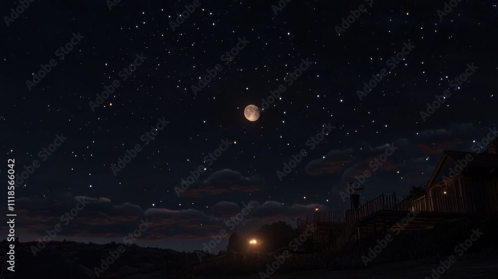 Starry night sky over a mountain village at night. Starry night sky over a mountain village at night.
