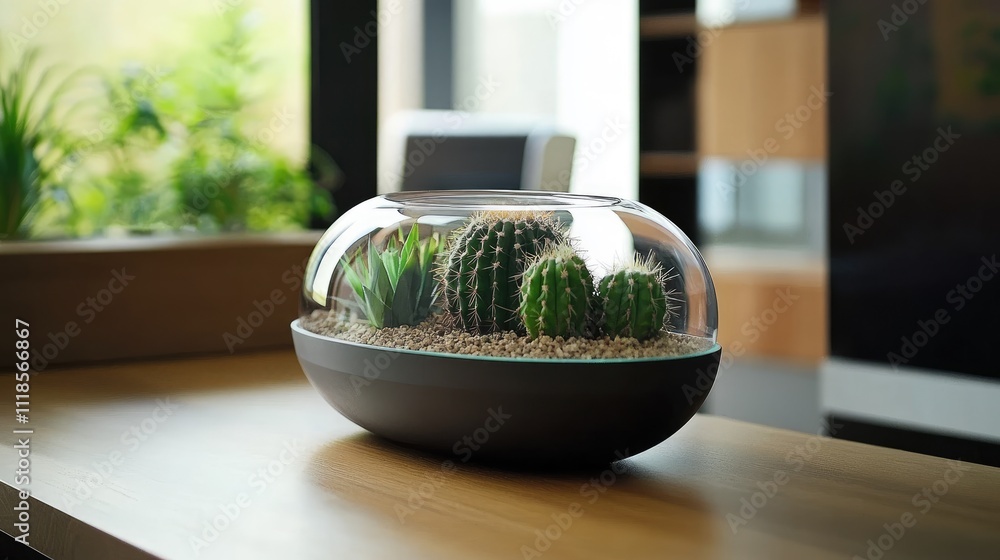 Modern Home Decor with Cactus Arrangement in Glass Container Modern Home Decor with Cactus Arrangement in Glass Container