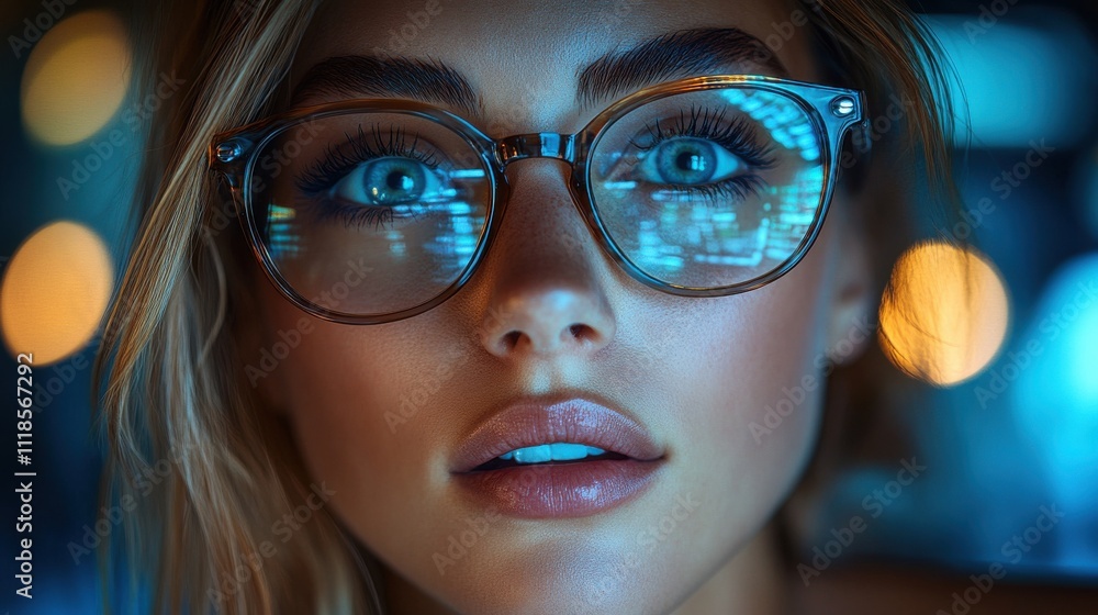 Bright blue eyes captured with reflections in glasses during an evening setting with soft bokeh lighting effects