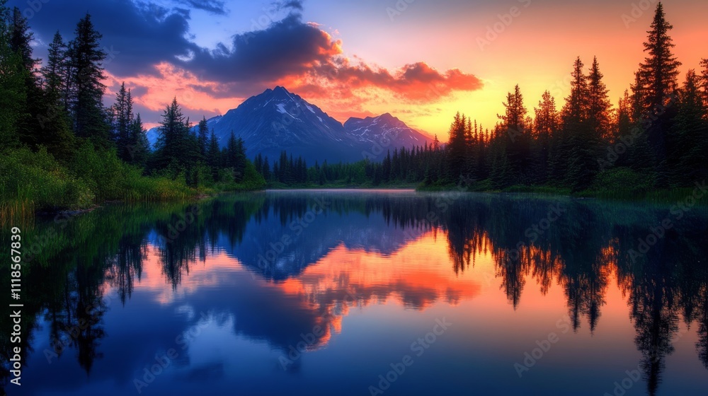 Fototapeta premium Majestic alpine sunset glow reflecting on calm mountain lake, serene nature scenery in high-resolution, perfect for wallpaper or background