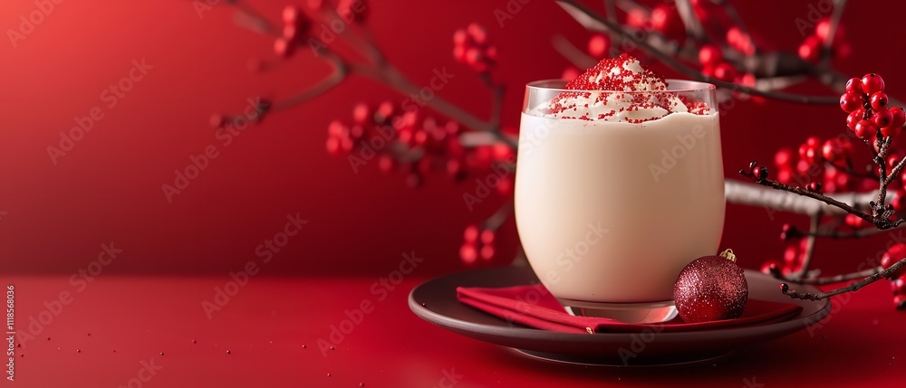 Over a lustrous red plate with an enriched crimson setting adorned with chic embellishments, eggnog is placed in a white bowl with a cinnamon touch and space, Generative AI. Over a lustrous red plate with an enriched crimson setting adorned with chic embellishments, eggnog is placed in a white bowl with a cinnamon touch and space, Generative AI.