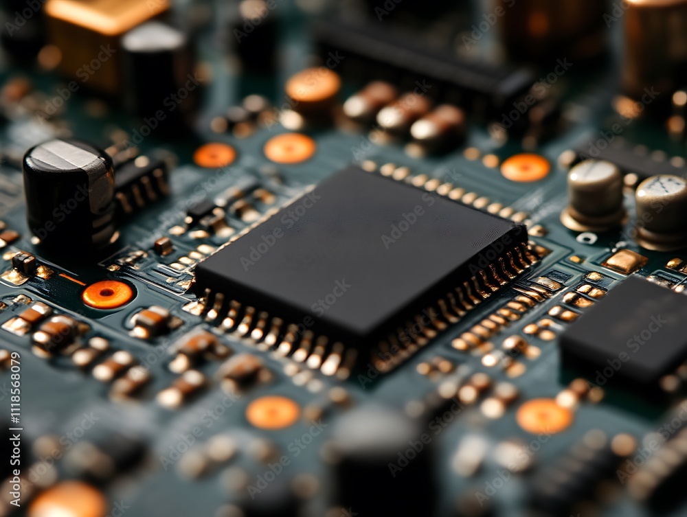 Close up view of a circuit board with a microchip Close up view of a circuit board with a microchip