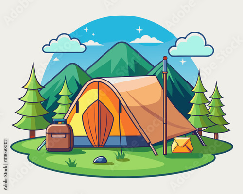 Summer camp with tent and campfire in the forest among the mountains and wild squirrels. Vector illustration. Flat design. Active family holidays
