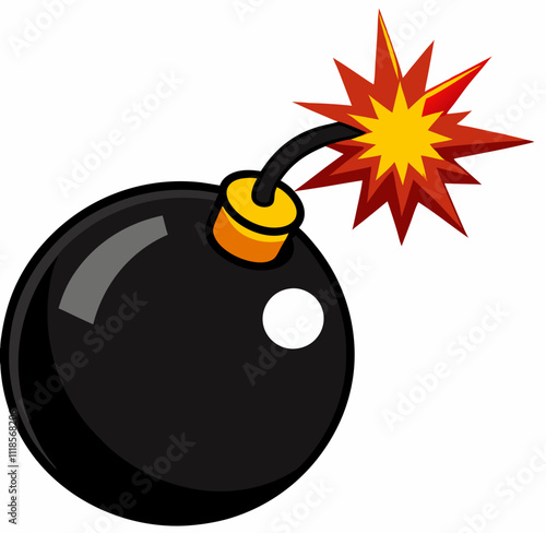 Cartoon bomb icon with burning wick and shadow on white background. Vector illustration stock illustration