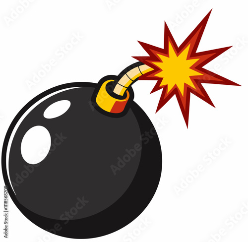 Cartoon bomb icon with burning wick and shadow on white background. Vector illustration stock illustration