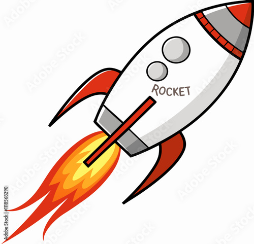 Cartoon rocket soars through the cosmos, a playful vector illustration of space adventure