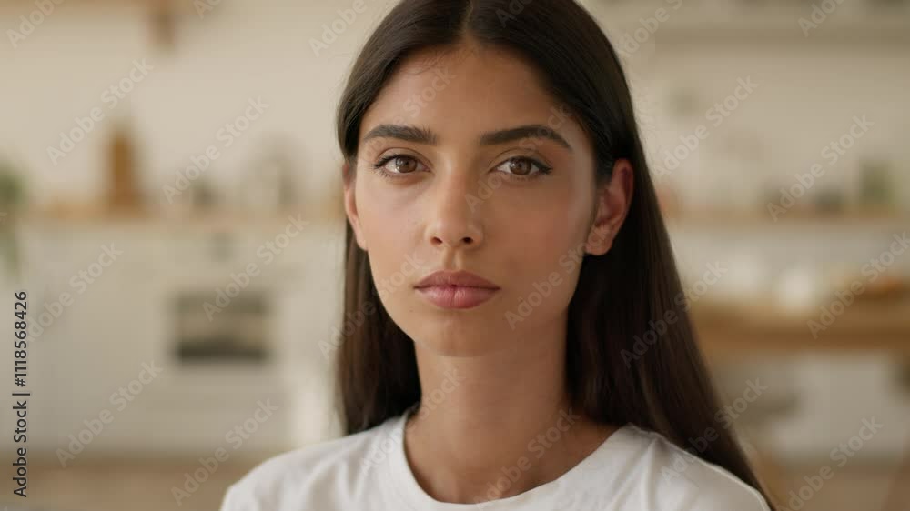 Portrait at home own apartment serious calm confident negative Indian woman Arabian girl female lady wife girlfriend mother looking at camera upset face problem trouble homeowner mortgage insurance Portrait at home own apartment serious calm confident negative Indian woman Arabian girl female lady wife girlfriend mother looking at camera upset face problem trouble homeowner mortgage insurance