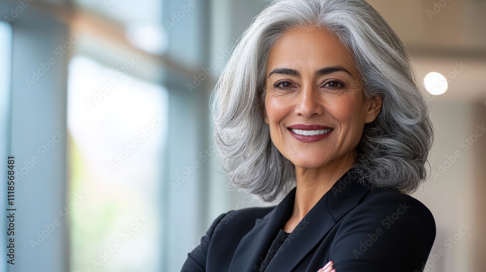 Beautiful Hispanic senior businesswoman, confident smile, arms crossed, elegant office setting, modern interior, natural light accentuating her professionalism Beautiful Hispanic senior businesswoman, confident smile, arms crossed, elegant office setting, modern interior, natural light accentuating her professionalism