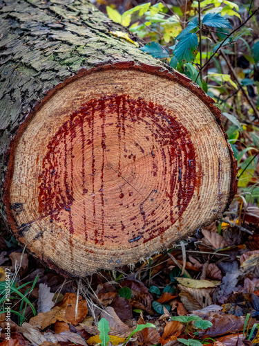 Harztropfen an einem frisch gesägtem Baumstamm photo