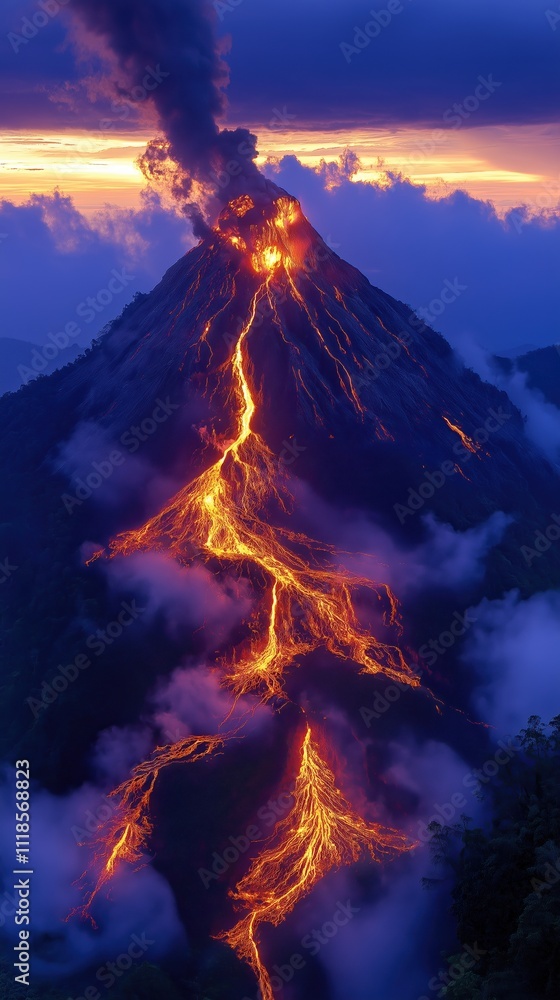 Fototapeta premium Majestic mountain erupts at twilight, showcasing glowing lava flows and dramatic clouds