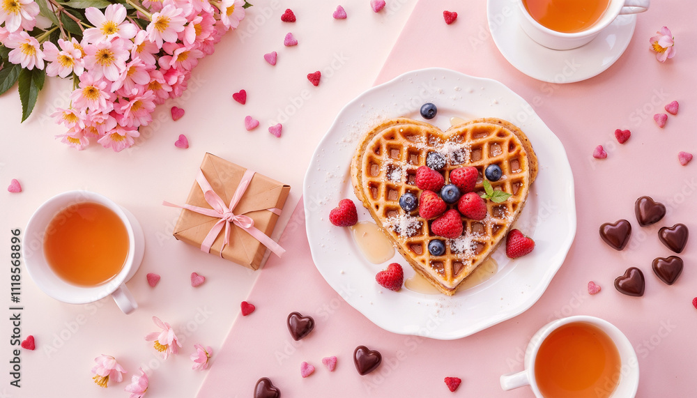 Valentine's Day breakfast with heart-shaped waffle, fruits, tea, and chocolate Valentine's Day breakfast with heart-shaped waffle, fruits, tea, and chocolate