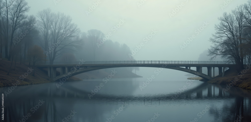 Fototapeta premium Misty bridge over calm river in foggy forest
