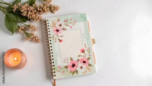 Floral journal with candle and blossoms on white surface