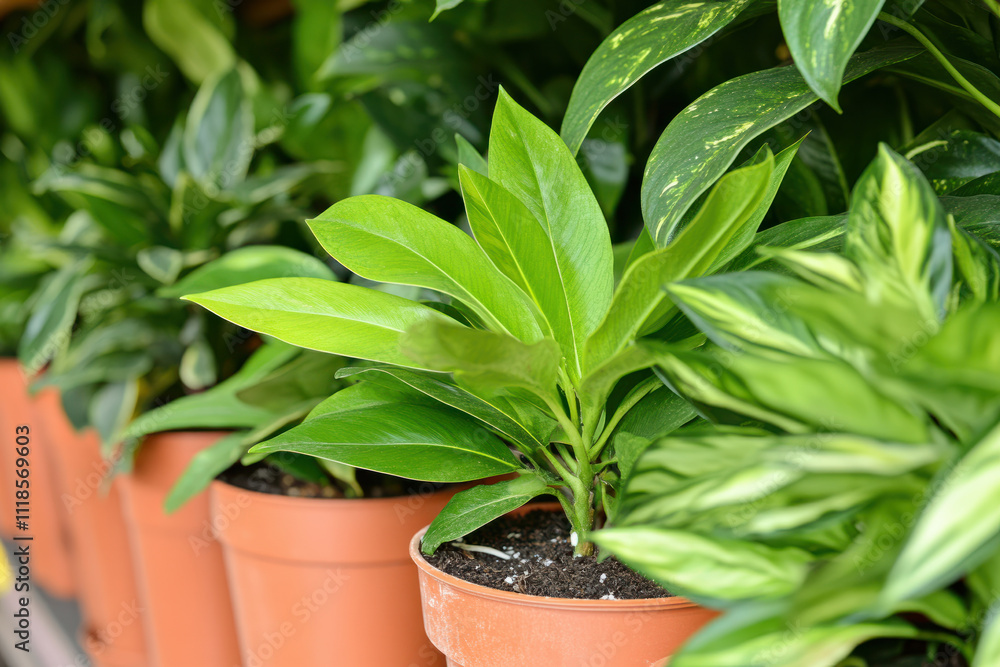 Obraz premium A row of potted plants with green leaves sit on a shelf