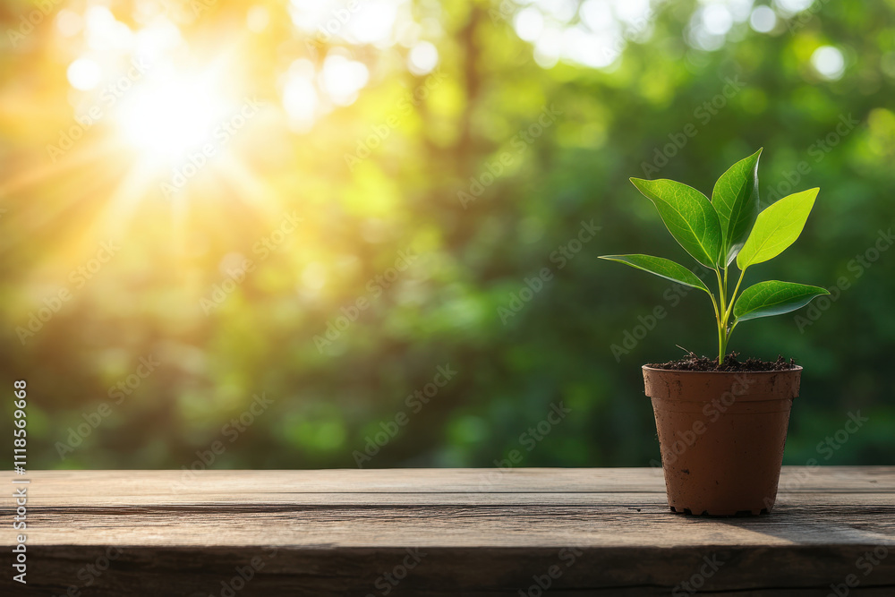 A small plant is sitting in a pot on a wooden table A small plant is sitting in a pot on a wooden table
