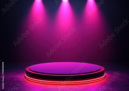 Bright pink illuminated stage with circular platform ideal for performances in a dark setting, featuring dramatic lighting effects and vibrant colors enhancing the atmosphere