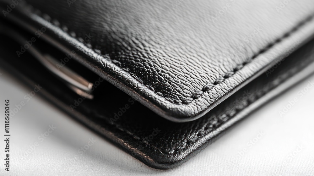 Close-up of black leather wallet texture and stitching detail. Close-up of black leather wallet texture and stitching detail.
