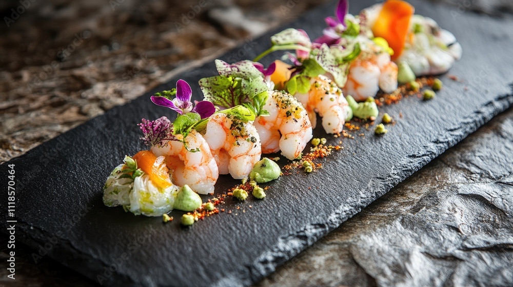 A gourmet shrimp platter with intricate seasoning and garnish, highlighted on a textured dark slate. A gourmet shrimp platter with intricate seasoning and garnish, highlighted on a textured dark slate.