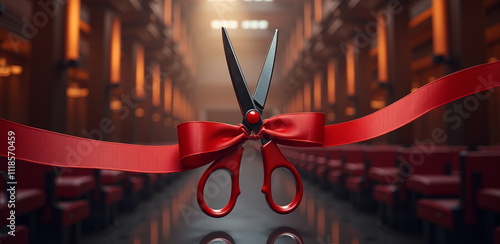 Scissors cutting red ribbon in grand opening ceremony