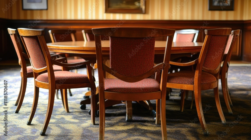 Antique wooden round table with chairs in a classic room. Antique wooden round table with chairs in a classic room.