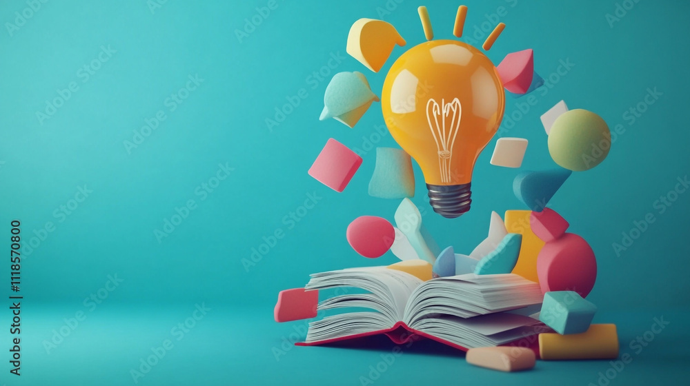 An open book with a colorful background and light bulb, knowledge art, magical sparks, symbolizing the enchanting, abstract beautiful background. An open book with a colorful background and light bulb, knowledge art, magical sparks, symbolizing the enchanting, abstract beautiful background.