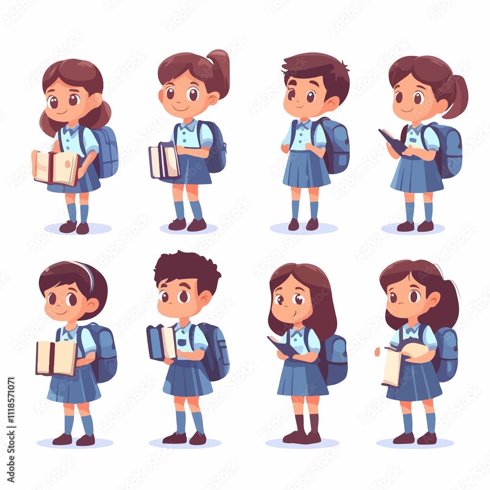 Cheerful Cute Kids in Blue School Uniform Set Cheerful Cute Kids in Blue School Uniform Set