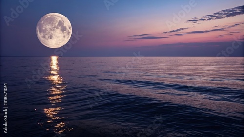 Sunset at sea with moon in background.