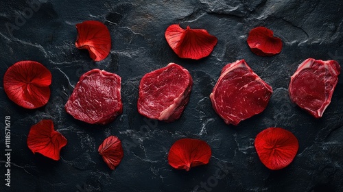 A selection of beef cuts, including flank steak and tomahawk, floating on a textured black stone background with luxurious appeal.