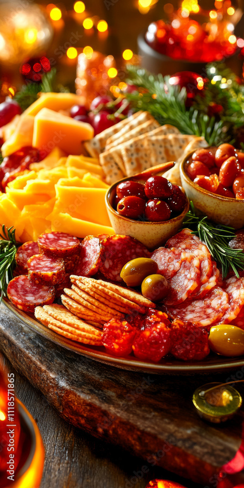 Festive charcuterie board with assorted cheeses and meats on rustic table, background Festive charcuterie board with assorted cheeses and meats on rustic table, background