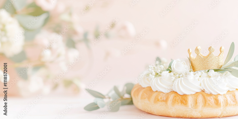 Festive scene with Three kings holiday festive cake topped with golden paper crown on table, pastel background, AI generated Festive scene with Three kings holiday festive cake topped with golden paper crown on table, pastel background, AI generated