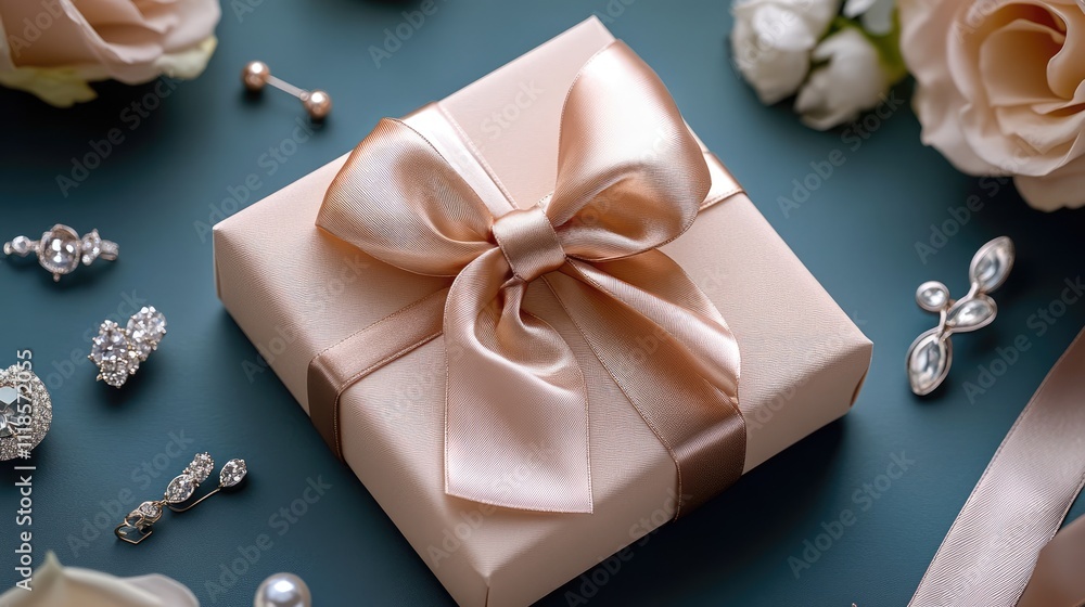 Elegant gift box with satin ribbon surrounded by jewelry and flowers Elegant gift box with satin ribbon surrounded by jewelry and flowers
