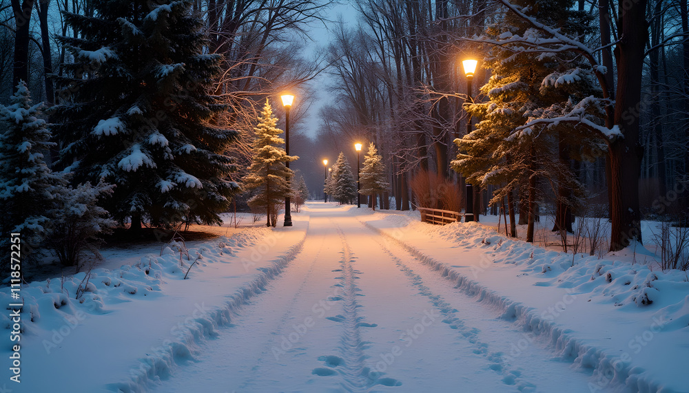 Snowy forest pathway lit by warm lampposts at dusk Snowy forest pathway lit by warm lampposts at dusk
