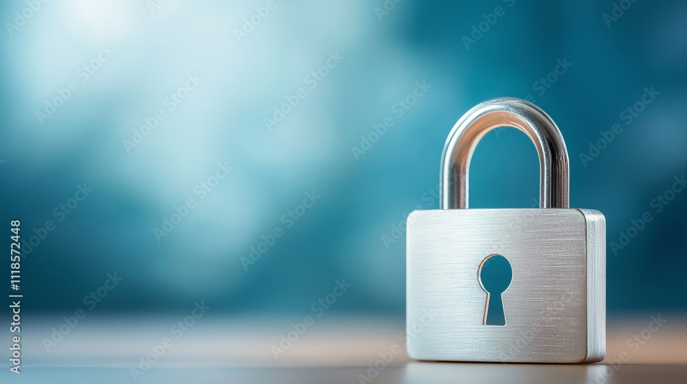 Fototapeta premium Closed padlock on a wooden surface represents data protection and security in cloud computing, with a futuristic blue gradient background