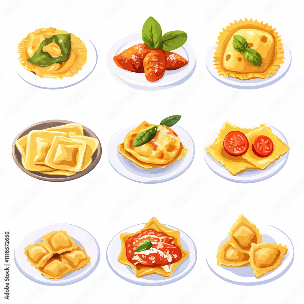 Delicious Set of Traditional Italian Food Dishes Featuring Ravioli Delicious Set of Traditional Italian Food Dishes Featuring Ravioli