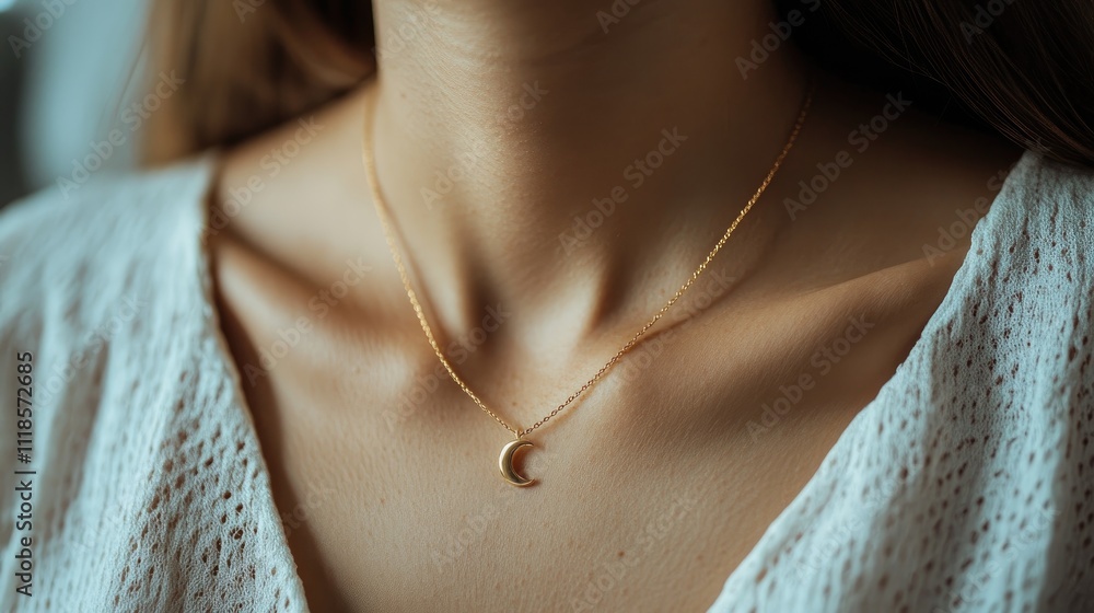Elegant Gold Crescent Moon Necklace on Woman's Neckline Elegant Gold Crescent Moon Necklace on Woman's Neckline