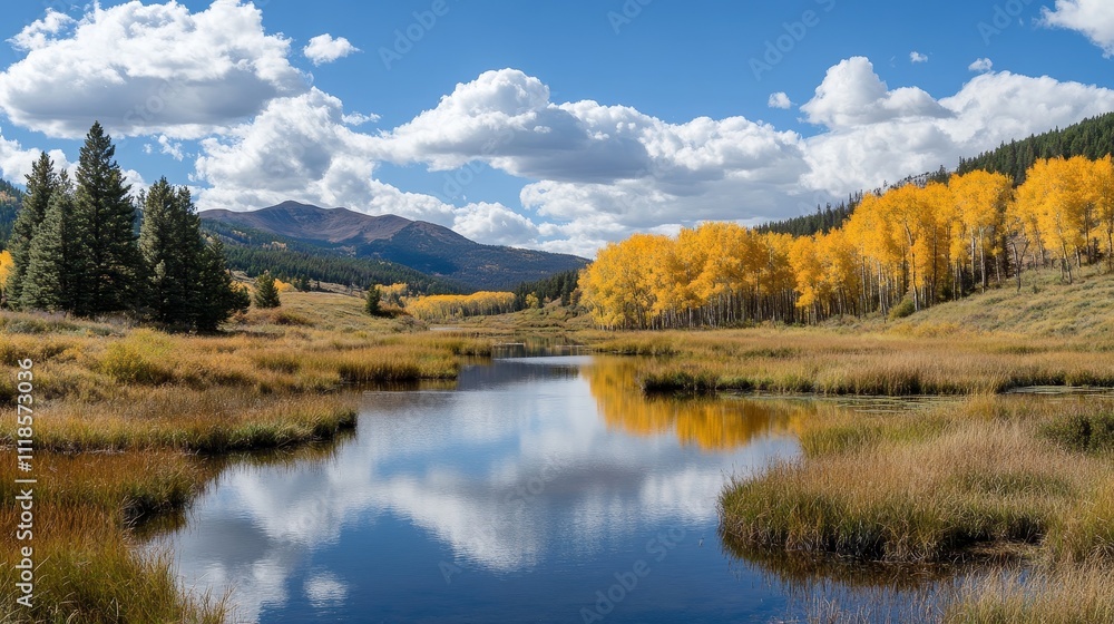 A serene landscape featuring a reflective river, vibrant autumn trees, and majestic mountains. A serene landscape featuring a reflective river, vibrant autumn trees, and majestic mountains.