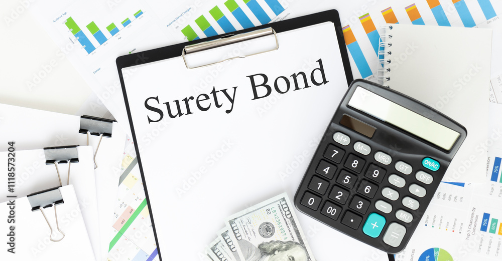 Text SURETY BOND is written on a notebook with a pen and a magnifying glass lying on the table. Business concept. Text SURETY BOND is written on a notebook with a pen and a magnifying glass lying on the table. Business concept.