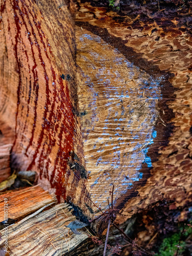 Harztropfen an einem frisch gesägtem Baumstamm photo