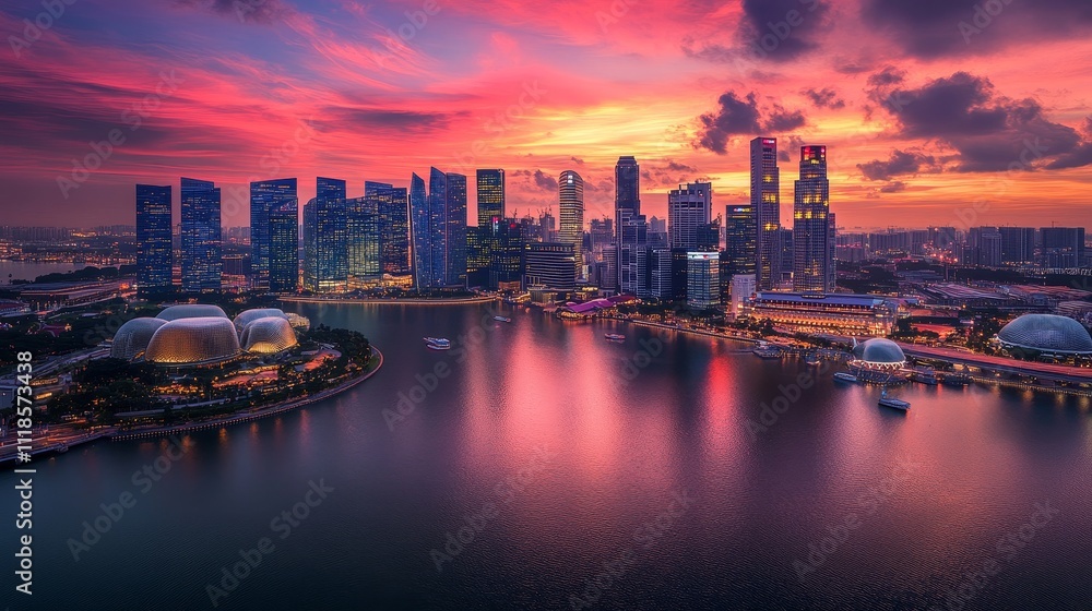 Fototapeta premium A vibrant sunset over a modern city skyline reflecting in the water.