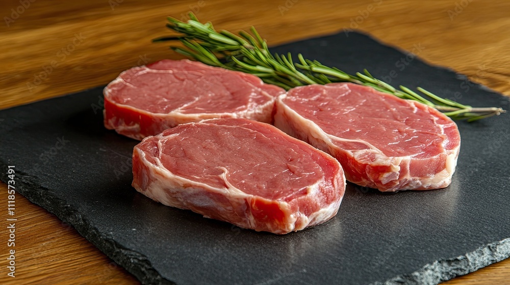 Close-up of fresh fish meat, including fillets and steaks, on polished slate. Close-up of fresh fish meat, including fillets and steaks, on polished slate.