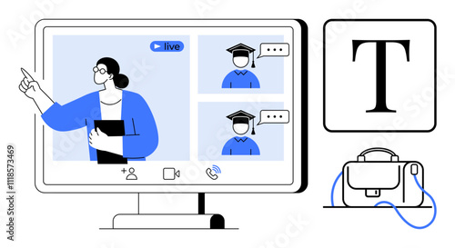 Teacher conducting a live online class with graduate students displayed on a computer screen, text bubble and briefcase icon. Ideal for virtual classroom, e-learning platforms, remote education