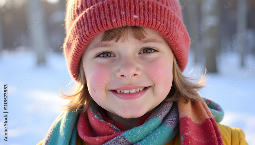 Happy child wearing pink hat and scarf in snowy forest Happy child wearing pink hat and scarf in snowy forest