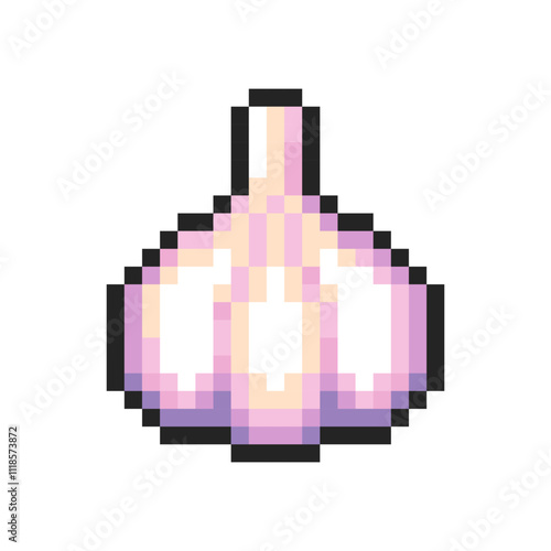 Pixel garlic isolated on transparent background. Pixelated badge, game asset or computer arcade item. Vegetable icon. Vector pixel art illustration in 16 bit old style.