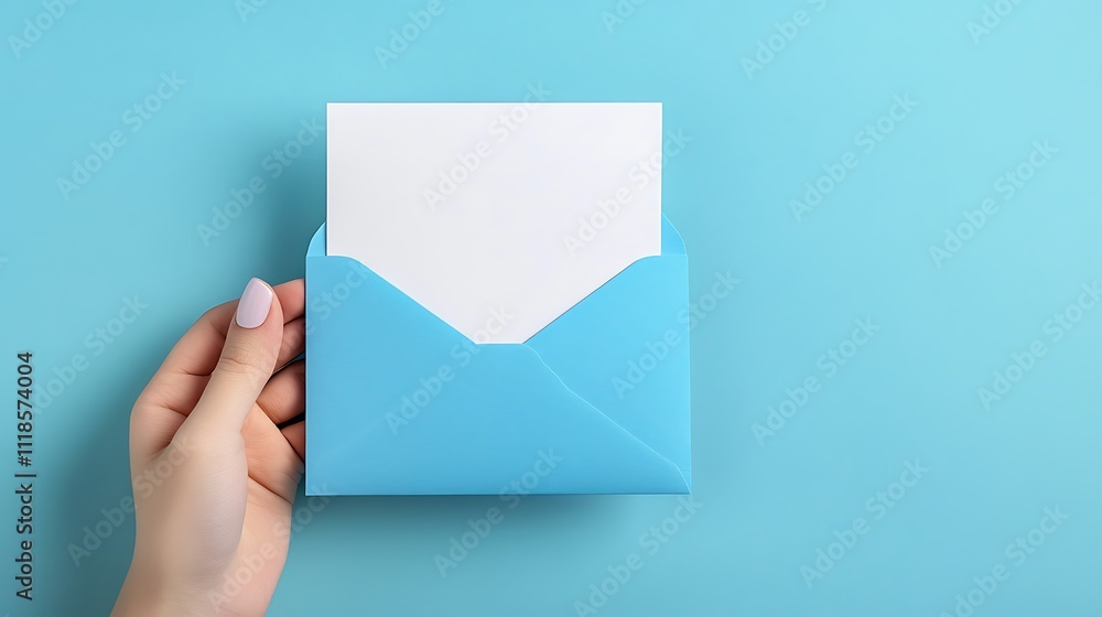 Obraz premium Woman s Hand Holding Light Blue Envelope with Blank White Card Minimalist Stationery Mockup