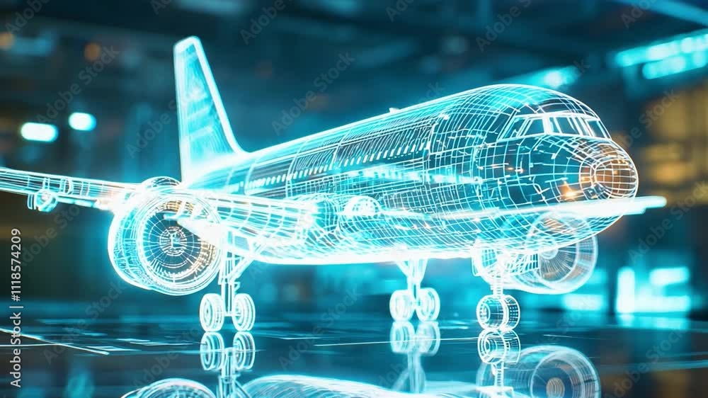 A detailed digital model of an aircraft showcasing advanced technology and design elements in planes engineering indoors